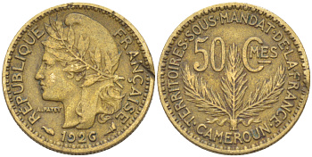 Французский Камерун 50 сантимов 1926 (а), монетный двор Париж KM 1 алюминиевая бронза 35-1364