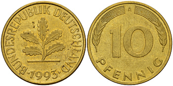 ФРГ 10 пфеннигов 1993 A J. 383, KM 108 сталь плакированная латунью    4603-645