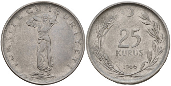 Турция 25 курушей 1966 KM 892.2 нержавеющая сталь 4156-813