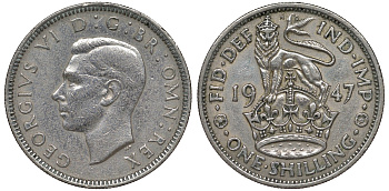 Великобритания 1 шиллинг 1947 Георг VI (1936-1952), Английский герб KM 863, Spink 4103 медно-никель 4122-526