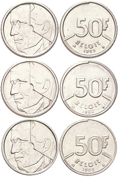 Бельгия набор из 3 монет разных годов (50 франков) 1990, 1992 и 1993 Belgie, Бодуэн I (1951-1993) KM 169 никель 4612-621-623