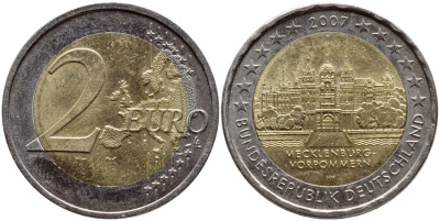 ФРГ 2 евро 2007 F, серия федеральные земли, Мекленбург-Передняя Померания, Шверинский замок KM 260 биметалл UNC 63-1344
