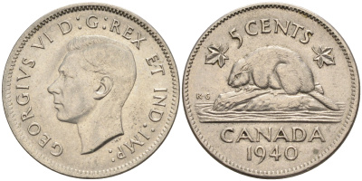 Канада 5 центов 1940 бобр, Георг VI (1937-1952) KM 33 никель    4148-1213