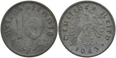 Германия 10 рейхспфеннигов 1943 F KM 101, J.371 цинк 4151-255