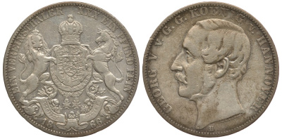 Брауншвейг-Каленберг-Ганновер 1 талер 1866 В, Георг V (1851-1866) КМ 230, AKS 144, Dav. 682, Kahnt 239, Thun 174 серебро 1066-5-12