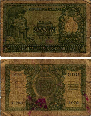 Италия 50 лир 1951 Афина Pick 91a бумага 7548-121-1-1