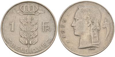 Бельгия 1 франк 1959 Belgique KM 142.1 медно-никель    4161-1233