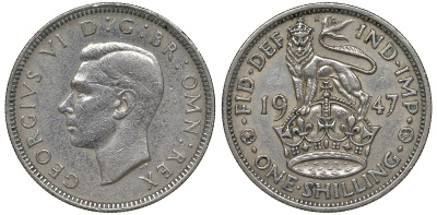 Великобритания 1 шиллинг 1947 Георг VI (1936-1952), Английский герб KM 863, Spink 4103 медно-никель 4122-526