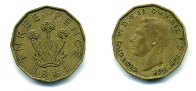 Великобритания 3 пенса 1941 Георг VI (1936-1952) KM 849, Spink 4112 никель латунь 89-713