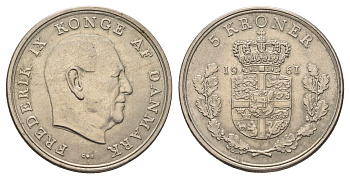 Дания 5 крон 1961 C; S, Фредерик IX (1947-1972) KM 853.1 медно-никель 221-921