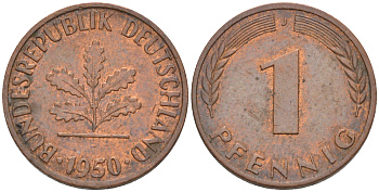 ФРГ 1 пфенниг 1950 J KM 105, J.380 сталь плакированная медью 187-853