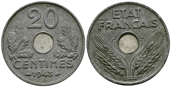 Франция 20 сантимов 1943 Правительство Виши KM 900 цинк 4171-1143