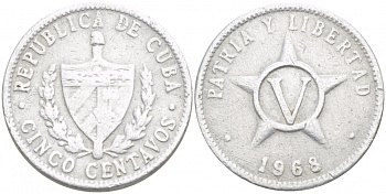 Куба 5 сентаво 1968 звезда, вторая республика (1962- ) KM 34 алюминий 4539-926