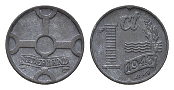 Нидерланды 1 цент 1943 Вильгельмина (1890-1948) KM 170 цинк 4674-1218
