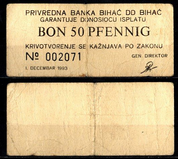 Босния и Герцеговина 50 пфенниг 1993 ваучер используемый в военном округе Бихач. бумага 8601-10-3-1