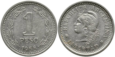 Аргентина 1 песо 1958 голова свободы влево KM 57 сталь плакированная никелем 4525-913
