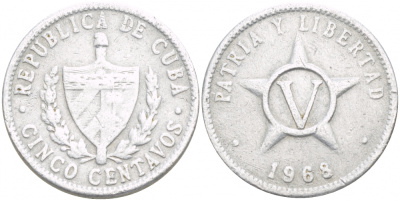 Куба 5 сентаво 1968 звезда, вторая республика (1962- ) KM 34 алюминий 4539-926