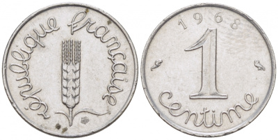 ФРАНЦИЯ 1 САНТИМ 1968 KM 928, LE FRANC 106.15 нержавеющая сталь 4516-768