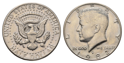 США 1/2 доллара (50 центов) 1982 D, Джон Кеннеди KM A202b медь плакированная медно-никелем UNC 4672-614