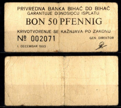 Босния и Герцеговина 50 пфенниг 1993 ваучер используемый в военном округе Бихач. бумага 8601-10-3-1