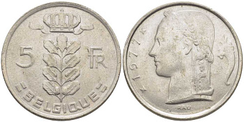 БЕЛЬГИЯ 5 ФРАНКОВ 1977 BELGIQUE, БОДУЭН I (1951-1993) KM 134.1 медно-никель 119-743