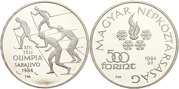Венгрия 500 форинтов 1984 XIV зимние Олимпийские игры в Сараево, лыжники KM 641 серебро 1066-9-13