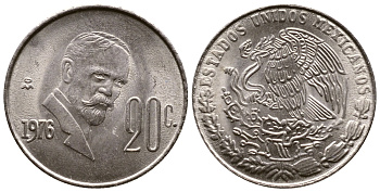 МЕКСИКА 20 СЕНТАВО 1976 КМ 442 медно-никель UNC 56-916