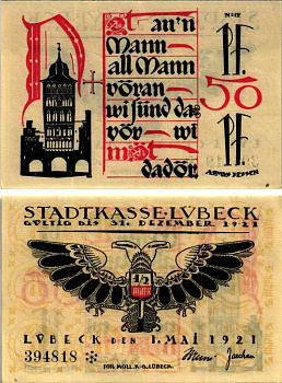 ЛЮБЕК, ГЕРМАНИЯ 50 ПФЕННИГОВ 1921 НОТГЕЛЬД, 1 МАЯ 1921, ЗЕМЛЯ ШЛЕЗВИГ-ГОЛЬШТЕЙН, БУКВА N ARNOLD KELLER 831.2 бумага 7551-23-4-2