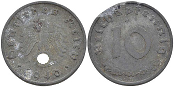 ГЕРМАНИЯ 10 РЕЙХСПФЕННИГОВ 1940 A KM 101, J. 371 цинк 212-815