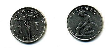 БЕЛЬГИЯ 1 ФРАНК 1922 BELGIE KM 90 никель 58-1227