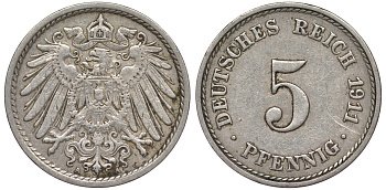 Германия 5 пфеннигов 1911 A KM 11, J. 12, Weege 6 медно-никель 25-1836