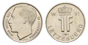 Люксембург 1 франк 1991 Герцог Жан (1964-1999) KM 63 сталь плакированная никелем UNC 4643-557