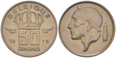 БЕЛЬГИЯ 50 САНТИМОВ 1970 BELGIQUE, БОДУЭН I (1951-1993) KM 148.1 бронза 214-458