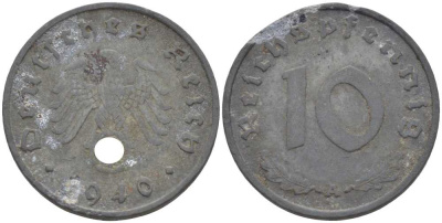 ГЕРМАНИЯ 10 РЕЙХСПФЕННИГОВ 1940 A KM 101, J. 371 цинк 212-815