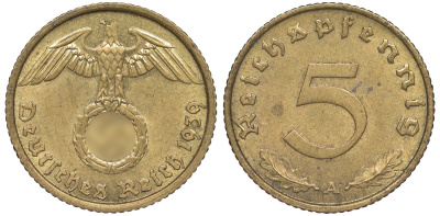 Германия 5 рейхспфеннигов 1939 A KM 91, J. 363 алюминиевая бронза 4602-1262