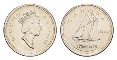 Канада 10 центов 1999 Елизавета II (1952-2022), парусник KM 183 никель UNC 4639-663