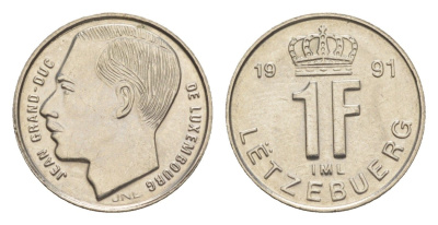 Люксембург 1 франк 1991 Герцог Жан (1964-1999) KM 63 сталь плакированная никелем UNC 4643-557