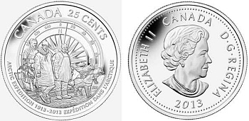 Канада 25 центов 2013 100 лет со дня Канадской арктической экспедиции KM 1547 никелированная сталь UNC M47-04