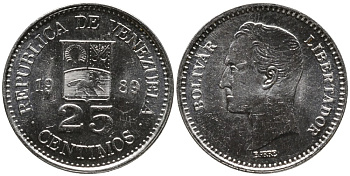 Венесуэла 25 сентимо 1989 Симон Боливар KM 50а никелированная сталь 4532-267