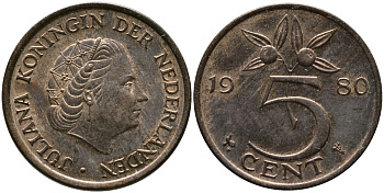 Нидерланды 5 центов 1980 Юлиана (1948-1980) KM 181 бронза 98-316
