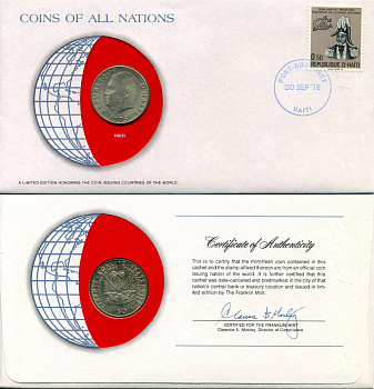 Гаити 50 сантимов 1975 конверт с маркой первого дня гашения, Coins of Nations, FAO, Президент Жан-Клод Дювалье KM 101а медь никель цинк UNC 4294-44-3