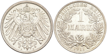 Германия 1 марка 1911 А KM , Weege 18, J.17 серебро 4182-1022