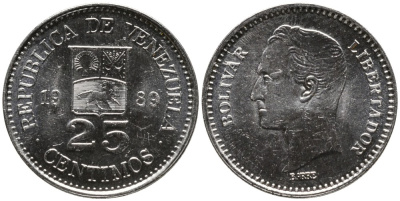 Венесуэла 25 сентимо 1989 Симон Боливар KM 50а никелированная сталь 4532-267