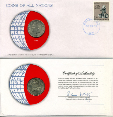 Гаити 50 сантимов 1975 конверт с маркой первого дня гашения, Coins of Nations, FAO, Президент Жан-Клод Дювалье KM 101а медь никель цинк UNC 4294-44-3