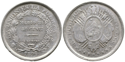 Боливия 50 сентаво 1896 ES KM 161.5 серебро 1525-1122