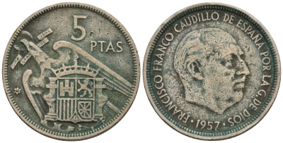 Испания 5 песет 1957 (62) Франциско Франко (1939-1975) KM 786 медно-никель 259-324