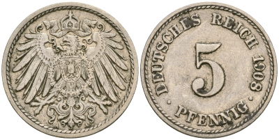 Германия 5 пфеннигов 1907 A, KM 11, J. 12 медно-никель 4364-3669