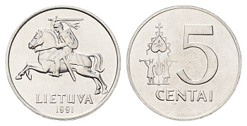 Литва 5 центов 1991 год-тип KM 87 алюминий UNC 4163-122