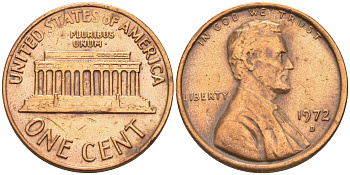 США 1 ЦЕНТ 1972 D, ЛИНКОЛЬН KM 201 медь цинк 188-267
