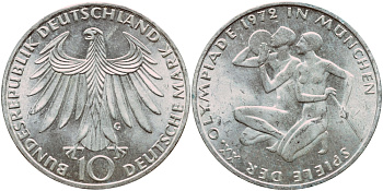 ФРГ 10 марок 1972 G, XX летние Олимпийские Игры, Мюнхен 1972, спортсмены KM 132, J. 403 серебро aUNC 1522-415